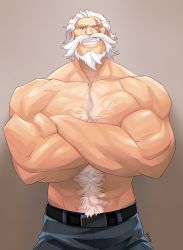 Rule 34 | 1boy, abs, bare shoulders, beard, belt, biceps, body hair, buckle, chest hair, collarbone, crossed arms, facial hair, fang, gradient background, grin, looking at viewer, male focus, manly, muscular, old, old man, overwatch, overwatch 1, pants, reinhardt (overwatch), scar, scar across eye, scar on face, short hair, smile, solo, teeth, topless male, white hair