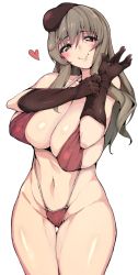 Rule 34 | 10s, 1girl, bad id, bad pixiv id, bare shoulders, beret, bikini, blush, breasts, brown eyes, brown gloves, cleavage, girls und panzer, gloves, grey hair, hat, heart, huge breasts, kamaboko (ossann0125), large breasts, long hair, looking at viewer, mature female, navel, red bikini, shimada chiyo, shiny skin, sideboob, simple background, slingshot swimsuit, smile, solo, standing, swimsuit, thick thighs, thigh gap, thighs, white background, wide hips