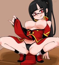 Rule 34 | 1girl, 2015, arm behind back, artist name, bare shoulders, black-framed eyewear, black hair, black panties, blazblue, blunt bangs, blush, breasts, breasts out, china dress, chinese clothes, closed mouth, clothes lift, dated, dress, dress lift, eyebrows, high ponytail, highleg, highleg panties, highres, kneeling, lifted by self, litchi faye ling, long hair, medium breasts, nipples, panties, pinky out, popped collar, red dress, red eyes, semi-rimless eyewear, side ponytail, smile, solo, spread legs, squatting, sweat, tongue, tongue out, under-rim eyewear, underwear, yuuya (blue scarab)