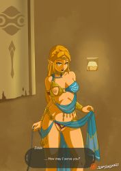 Rule 34 | 1girl, armlet, bare shoulders, blonde hair, blue eyes, blue lips, bracelet, braid, breasts, chain, character name, closed mouth, collar, collarbone, crown braid, dialogue box, earrings, english text, eyebrows, eyeshadow, feet out of frame, female pubic hair, groin, highres, indoors, jewelry, legs apart, lips, lipstick, long hair, looking at viewer, makeup, medium breasts, nintendo, nipple piercing, nipples, nose, one breast out, piercing, pointy ears, princess zelda, pubic hair, sidelocks, slam fandango, slave, solo, standing, the legend of zelda, the legend of zelda: breath of the wild, thick eyebrows, tiara