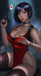 Rule 34 | 1girl, ada wong, bare shoulders, black hair, bob cut, bracelet, breasts, brown eyes, capcom, choker, cleavage, collarbone, dress, gun, handgun, heart, highres, hip focus, holding, holding gun, holding weapon, holster, jewelry, lace, lace-trimmed legwear, lace trim, large breasts, nail polish, pink nails, pistol, red dress, red lips, resident evil, resident evil 2, resident evil 2 (remake), short hair, shoulder holster, sitting, soffa, swept bangs, thighs, weapon