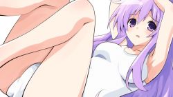 Rule 34 | 1girl, bare shoulders, blush, breasts, hair between eyes, iwashi dorobou -r-, long hair, looking at viewer, medium breasts, nepgear, neptune (series), one-piece swimsuit, open mouth, purple eyes, purple hair, seiza, simple background, sitting, solo, swimsuit, white background