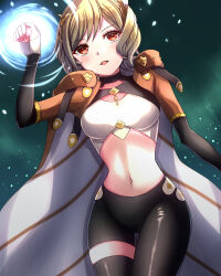 Rule 34 | 1girl, black leggings, blonde hair, blush, breasts, citrinne (fire emblem), commentary request, falling petals, feather hair ornament, feathers, fire emblem, fire emblem engage, hair ornament, hand up, highres, jewelry, leggings, long sleeves, looking at viewer, medium breasts, midriff, navel, nintendo, petals, red eyes, short hair, simple background, smile, solo, wing hair ornament, yozu (yozu0420)