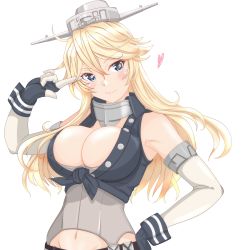 Rule 34 | 1girl, absurdres, blonde hair, blue eyes, breasts, cleavage, fingerless gloves, front-tie top, gloves, headgear, highres, index finger raised, iowa (kancolle), kantai collection, large breasts, looking at viewer, nitamako (sakamalh), simple background, smile, solo, star-shaped pupils, star (symbol), symbol-shaped pupils, upper body, white background