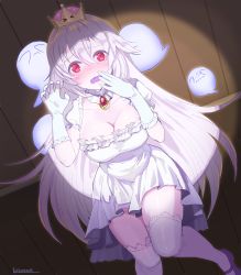 Rule 34 | &gt; &lt;, 1girl, against wall, artist name, blush, boo (mario), breasts, cleavage, collarbone, colored skin, commentary request, covering own eyes, crown, detached collar, dress, embarrassed, ghost, gloves, hair between eyes, hand to own mouth, highres, jewelry, kuzumochi (kuzumochiya), large breasts, long hair, looking at viewer, luigi&#039;s mansion, mario (series), new super mario bros. u deluxe, nintendo, pendant, princess king boo, puffy short sleeves, puffy sleeves, purple eyes, short dress, short sleeves, silver hair, solo, super crown, thighhighs, wavy mouth, white dress, white gloves, white skin, white thighhighs