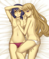 Rule 34 | 00s, 2girls, ar tonelico, ar tonelico ii, arm up, armpits, ass, back, bed sheet, between thighs, bikini, bikini bottom only, blonde hair, blue hair, blush, breasts, butt crack, chroche latel pastalie, cowboy shot, female focus, fingernails, flat ass, flat chest, from above, groin, gust, hair between eyes, hand on another&#039;s chest, hand on another&#039;s thigh, hand on thigh, indoors, long fingernails, long hair, looking at viewer, looking back, lowleg, lowleg bikini, luca truelywaath, lying, medium breasts, multiple girls, navel, nipples, on back, on side, one eye closed, orange eyes, panties, parted lips, profile, purple eyes, short hair, sideboob, swimsuit, terumii, topless, underwear, wide hips, wink, yellow eyes, yuri