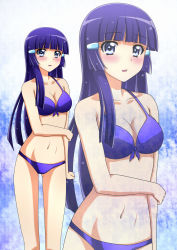 Rule 34 | 10s, 1girl, aoki reika, bare shoulders, bikini, blue eyes, blue hair, blush, breasts, cleavage, collarbone, eyelashes, front-tie top, gradient background, hair ornament, hairclip, highres, hime cut, kenken, legs, long hair, looking at viewer, matching hair/eyes, navel, open mouth, precure, smile precure!, solo, standing, swimsuit, zoom layer