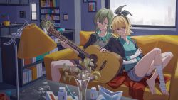 Rule 34 | 2girls, acoustic guitar, aqua shirt, bag, bandaged arm, bandaged leg, bandages, black bow, black jacket, blonde hair, blue eyes, book, bookshelf, bow, broken cup, broken glass, couch, glass, green hair, guitar, gumi, hair bow, hairband, highres, holding, holding instrument, indoors, instrument, jacket, kagamine rin, knees up, knife, lamp, looking at another, looking at viewer, medicine bottle, multiple girls, plant, plastic bag, potted plant, shirt, short hair, sidelocks, sitting, spider plant, vase, vocaloid, window, wounds404