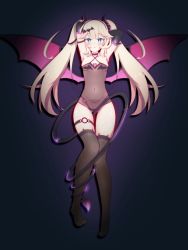 Rule 34 | :o, animated, animated gif, blonde hair, blue eyes, blush, breasts, demon girl, demon horns, demon tail, demon wings, horns, july nani72, last origin, leotard, thetis (last origin), pasties, see-through, small breasts, smile, tail, twintails, wings