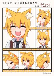 Rule 34 | 1girl, ahoge, animal ear fluff, animal ears, asymmetrical hair, black neckwear, blonde hair, brown vest, chart, closed eyes, closed mouth, collared shirt, commentary request, cookie (touhou), drooling, fox ears, fox girl, hair between eyes, highres, looking afar, looking at viewer, looking to the side, medium hair, miramikaru riran, mouth drool, necktie, open mouth, profile, shirt, sidelocks, smile, sweat, nervous sweating, translation request, upper body, vest, white background, white shirt, yan pai