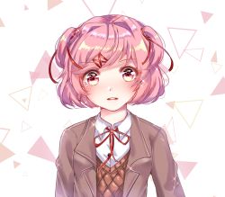 Rule 34 | 1girl, bad id, bad pixiv id, blouse, blush, commentary, doki doki literature club, english commentary, eyes visible through hair, hair ornament, hair ribbon, hairclip, looking at viewer, natsuki (doki doki literature club), orange sweater vest, parted lips, pink eyes, pink hair, red ribbon, ribbon, ronpu cooing, school uniform, shirt, short hair, simple background, solo, sweater vest, triangle, two side up, upper body, v-neck, white shirt