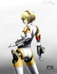 Rule 34 | 1girl, aegis (persona), android, ass, atlus, blonde hair, blue eyes, headphones, joints, looking back, persona, persona 3, point23, robot joints, short hair, signature, solo