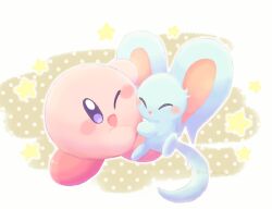 Rule 34 | ;d, ^ ^, artist name, blue eyes, blush, blush stickers, brown background, cheek-to-cheek, closed eyes, commentary request, elfilin, heads together, hug, kirby, kirby (series), nasubino (ramowarabi), nintendo, no humans, one eye closed, open mouth, outline, polka dot, polka dot background, simple background, smile, star (symbol), twitter username, white background, white outline