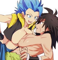 Rule 34 | 2girls, bad id, bad twitter id, bare shoulders, bending backward, bent over, bidarian, black eyes, black hair, blonde hair, blue hair, breast press, breasts, broly (dragon ball super), clenched hand, dragon ball, dragon ball super, dragon ball super broly, genderswap, genderswap (mtf), gogeta, hands on own hips, large breasts, looking at another, multiple girls, muscular, muscular female, open mouth, scar, topless male, short hair, simple background, smile, spiked hair, super saiyan, super saiyan blue, symmetrical docking, topless, upper body, vest, white background, wristband