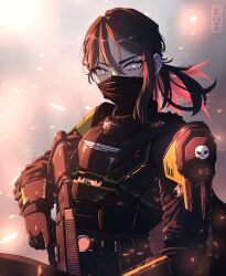 Rule 34 | 1girl, absurdres, armor, assault rifle, battle rifle, black cape, black hair, blue eyes, bulletproof vest, cape, commentary, english commentary, gun, helldiver (helldivers), helldivers (series), highres, holding, holding gun, holding weapon, long hair, mask, mouth mask, multicolored hair, no headwear, pauldrons, red hair, rifle, rilima, shoulder armor, solo, trigger discipline, weapon