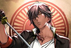 Rule 34 | 10s, 1boy, black gloves, brown hair, close-up, dark skin, dark-skinned male, gloves, hair over one eye, holding, holding sword, holding weapon, jacket, looking at viewer, male focus, ookurikara, open clothes, open jacket, sine, solo, sword, touken ranbu, weapon, yellow eyes