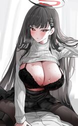 Rule 34 | 1boy, 1girl, absurdres, black hair, black pantyhose, blue archive, blunt bangs, blush, breasts, clothes pull, girl on top, hair ornament, hairclip, halo, hetero, highres, huge breasts, long hair, long sleeves, pantyhose, penetration through clothes, pleated skirt, red eyes, rio (blue archive), sensei (blue archive), skirt, sweat, sweater, sweater pull, turtleneck, turtleneck sweater, very long hair, white sweater, yuki (asayuki101)