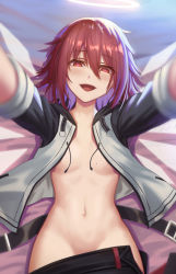 Rule 34 | 1girl, arknights, bed sheet, breasts, detached wings, energy wings, exusiai (arknights), groin, hair between eyes, halo, jacket, long sleeves, looking at viewer, lying, navel, on back, open clothes, open jacket, open mouth, outstretched arms, raglan sleeves, reaching, reaching towards viewer, red eyes, red hair, short hair, small breasts, smile, solo, stomach, white jacket, wings, zi ye (hbptcsg2)