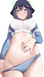 Rule 34 | 1girl, absurdres, arind yudha, bikini pull, blue archive, blush, breasts, bucket hat, clothes pull, from below, groin, halo, hat, highres, long sleeves, looking at viewer, medium breasts, navel, purple hair, rash guard, saki (blue archive), saki (swimsuit) (blue archive), simple background, solo, stomach, white background