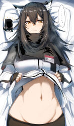 Rule 34 | ..., 1girl, animal ear fluff, animal ears, arknights, bed sheet, black gloves, black hair, chibi, chibi inset, closed mouth, clothes lift, doctor (arknights), fingerless gloves, frown, gin moku, gloves, groin, highres, id card, lifting own clothes, long hair, long sleeves, looking at viewer, lying, navel, on back, orange eyes, pillow, shirt lift, solo, speech bubble, spoken ellipsis, stomach, sweatdrop, texas (arknights), upper body, v-shaped eyebrows, wolf ears