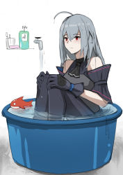 Rule 34 | 1girl, absurdres, ahoge, arknights, ascot, bare shoulders, bathing, black ascot, black gloves, black pants, blouse, blush, closed mouth, clothed bath, detached sleeves, faucet, female focus, gloves, grey hair, grey shirt, hands on own knees, highres, inflatable orca, inflatable toy, krirk, long hair, pants, partially submerged, red eyes, shirt, short sleeves, simple background, sitting, skadi (arknights), skadi (elite ii) (arknights), soap bottle, solo, very long hair, water, wet, wet hair, white background
