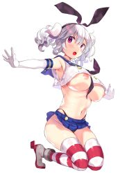 Rule 34 | 1girl, bad id, bad pixiv id, black panties, blue skirt, blush, breasts, cosplay, crop top, elbow gloves, gloves, highleg, highleg panties, kantai collection, kashima (kancolle), kibii mocha, kneeling, large breasts, long hair, looking at viewer, microskirt, miniskirt, navel, nipples, open mouth, outstretched arms, panties, purple eyes, sailor collar, shimakaze (kancolle), shimakaze (kancolle) (cosplay), silver hair, simple background, skirt, solo, spread arms, striped clothes, striped thighhighs, thighhighs, thong, twintails, underwear, wavy hair, white background, white gloves
