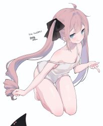 Rule 34 | 1girl, :q, bare arms, bare legs, bare shoulders, barefoot, black bow, black panties, blue eyes, blush, bottomless, bow, bow panties, closed mouth, hair bow, long hair, looking at viewer, mimelond, original, panties, pink hair, shirt, simple background, smile, solo, strap slip, tank top, tongue, tongue out, translation request, twintails, underwear, unworn panties, very long hair, white background, white shirt