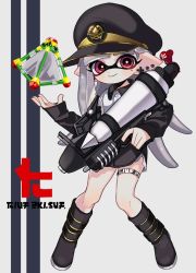 Rule 34 | 1girl, black footwear, black hat, blunt bangs, blush, boots, cabbie hat, closed mouth, commentary request, cross, cross earrings, earrings, full body, grey hair, hat, holding, holding weapon, inkling, inkling (language), inkling girl, inkling player character, insignia, jacket, jewelry, knee boots, light blush, logo, long hair, long sleeves, looking at viewer, maco spl, nintendo, pointy ears, purple eyes, smile, solo, splat bomb (splatoon), splatoon (series), splatoon 2, splattershot pro (splatoon), standing, stud earrings, tentacle hair, thigh strap, weapon