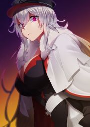 Rule 34 | 1girl, azur lane, black hat, breasts, cleavage, eyebrows, eyelashes, from side, frown, fur collar, glowing, glowing eye, graf zeppelin (azur lane), hair between eyes, hat, jacket, jacket on shoulders, large breasts, long hair, looking at viewer, maitei roppa, military, military hat, military uniform, open clothes, open jacket, open mouth, peaked cap, sash, solo, uniform, very long hair, white jacket