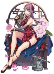Rule 34 | 1girl, alternate costume, ankle ribbon, anklet, azur lane, bare shoulders, black footwear, blue eyes, blush, bow, braid, breasts, bridal garter, bridal gauntlets, brown gloves, bun cover, cannon, chair, china dress, chinese clothes, closed mouth, crossed ankles, curlew (azur lane), curlew (rhythm of the dragon empery) (azur lane), dress, flower, folding fan, full body, gloves, gold trim, groin, hair bow, hair bun, hair flower, hair ornament, hand fan, highres, holding, holding fan, jewelry, large breasts, leg ribbon, long hair, monety, official art, pelvic curtain, pink flower, purple hair, purple ribbon, red dress, ribbon, rigging, shoes, sidelocks, single braid, single hair bun, sitting, skindentation, solo, taut clothes, taut dress, thighs, transparent background, turret