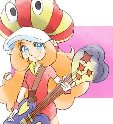 Rule 34 | 1girl, bass guitar, blue eyes, dress, hat, holding, holding instrument, instrument, long hair, looking at viewer, mona (warioware), nintendo, official art, orange hair, red dress, red wristband, smile, star (symbol), striped clothes, striped headwear, takeuchi kou, third-party source, warioware, warioware: get it together!, wristband