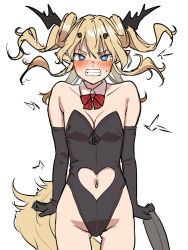 Rule 34 | 1girl, alternate costume, arknights, black gloves, black leotard, blonde hair, blue eyes, blush, breasts, cleavage, clenched teeth, clothing cutout, elbow gloves, embarrassed, gloves, hair ornament, hairclip, heart cutout, highres, holding, holding tray, horns, leizi (arknights), leotard, long hair, looking at viewer, medium breasts, navel cutout, nose blush, pointy ears, red neckwear, satsuki neko, simple background, solo, sweat, tail, tears, teeth, tray, white background