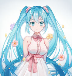 Rule 34 | 1girl, alternate costume, aqua eyes, aqua hair, bare shoulders, blush, bow, bowtie, breasts, colored eyelashes, cowboy shot, dress, flower, gradient background, grey background, hair flower, hair ornament, hatsune miku, long hair, looking at viewer, medium breasts, parted lips, petals, pink bow, pink bowtie, pink flower, sidelocks, sleeveless, sleeveless dress, solo, twintails, underbust, very long hair, vocaloid, white dress, yellow flower, zhi (yammycheese)