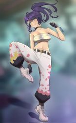 Rule 34 | 1girl, ahoge, baggy pants, belt, black choker, black gloves, black hair, blue eyes, blue hair, blurry, blurry background, boots, breasts, chest sarashi, choker, clenched teeth, collarbone, cross-laced footwear, eyes visible through hair, full body, gloves, grin, highres, indie virtual youtuber, kson, lace-up boots, leg up, lips, looking to the side, medium breasts, midriff, multicolored hair, navel, neon luminous, pants, ponytail, sarashi, sidelocks, signature, smile, solo, souchou, standing, standing on one leg, teeth, virtual youtuber, white footwear, white legwear