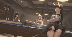 5girls absurdres alternate_breast_size alternate_costume apron artist_name ass azur_lane ball billiard_ball black_hair black_panties black_skirt breasts ceiling_light character_request commentary_request cue_stick dutch_angle formidable_(azur_lane) grey_hair high_ponytail highres holding_cue_stick indoors large_breasts leaning_forward long_hair long_sleeves medium_breasts multiple_girls noshiro_(azur_lane) panties pool_table purple_eyes red_eyes sakawa_(azur_lane) shirt short_sleeves sitting skirt table translation_request twintails underwear variant_set very_long_hair white_apron white_panties white_shirt window_blinds yuebanmao