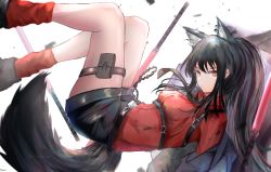 Rule 34 | 1girl, alternate hairstyle, animal ears, arknights, belt, black footwear, black hair, black jacket, black shorts, breasts, chain, collared shirt, commentary, expressionless, feet out of frame, from side, highres, jacket, kayjae, legs up, long hair, looking at viewer, medium breasts, necktie, off shoulder, official alternate costume, ponytail, pouch, red eyes, red shirt, red socks, shirt, shirt tucked in, short shorts, shorts, simple background, socks, solo, sword, symbol-only commentary, tail, texas (arknights), texas (willpower) (arknights), thigh strap, thighs, weapon, white background, wolf ears, wolf girl, wolf tail