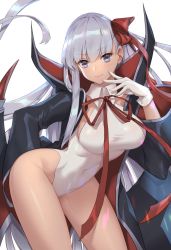 Rule 34 | 10s, bb (fate), bb (fate) (all), bb (swimsuit mooncancer) (fate), bb (swimsuit mooncancer) (third ascension) (fate), black coat, breasts, coat, fate/extra, fate/extra ccc, fate/grand order, fate (series), gloves, gyaru, hair ribbon, highleg, highleg leotard, large breasts, leotard, long hair, lucidsky, neck ribbon, popped collar, purple eyes, purple hair, red ribbon, ribbon, simple background, solo, thighs, vampire costume, very long hair, white background, white gloves, white leotard