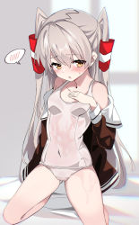 Rule 34 | 1girl, absurdres, amatsukaze (kancolle), bare legs, blush, collarbone, covered navel, fathom, grey hair, hair between eyes, hair tubes, highres, kantai collection, long hair, one-piece swimsuit, open mouth, school swimsuit, see-through, solo, spoken blush, swimsuit, two side up, white one-piece swimsuit, windsock, yellow eyes