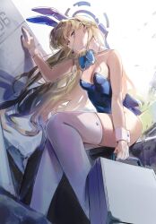 Rule 34 | 1girl, bare arms, blonde hair, blue archive, expressionless, highres, leotard, playboy bunny, sitting, solo, suitcase, thighhighs, toki (blue archive), toki (bunny) (blue archive), white thighhighs, yode