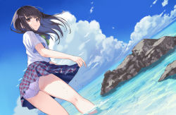 Rule 34 | 1girl, ass, black hair, blue panties, blue sky, blush, brown eyes, closed mouth, clothes lift, cloud, day, from behind, gin (oyoyo), highres, lifting own clothes, long hair, looking at viewer, looking back, ocean, original, outdoors, panties, pleated skirt, polka dot, polka dot panties, school uniform, shirt, short sleeves, skirt, skirt lift, sky, smile, solo, standing, underwear, wading, water, wet, white shirt