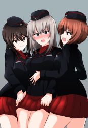Rule 34 | 3girls, absurdres, aikir (jml5160), black headwear, black jacket, blue eyes, blush, brown eyes, brown hair, commentary, cowboy shot, dress shirt, frown, garrison cap, girl sandwich, girls und panzer, grey background, grey hair, half-closed eyes, hands on another&#039;s stomach, hat, highres, holding hands, insignia, itsumi erika, jacket, kuromorimine military uniform, light smile, long sleeves, looking at another, looking at viewer, medium hair, military, military hat, military uniform, miniskirt, multiple girls, nishizumi maho, nishizumi miho, open mouth, parted lips, pleated skirt, red shirt, red skirt, sandwiched, shirt, short hair, siblings, simple background, sisters, skirt, smirk, standing, uniform, wing collar, yuri