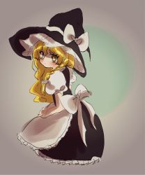 Rule 34 | 1girl, apron, bad id, bad twitter id, blonde hair, blush, braid, commentary, expressionless, fukufukupine, hat, highres, kirisame marisa, looking at viewer, looking back, no nose, puffy short sleeves, puffy sleeves, sash, short sleeves, single braid, skirt, skirt set, solo, touhou, vest, waist apron, wavy hair, witch hat, yellow eyes