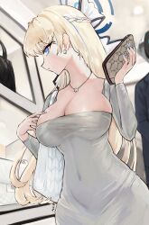 Rule 34 | 1girl, 1other, alternate costume, bag, blonde hair, blue archive, blue eyes, blue hair, blue halo, braid, breasts, cleavage, covered navel, dongtan dress, dress, earrings, estelle8js, grey dress, halo, highres, holding, holding bag, jewelry, large breasts, long hair, meme attire, multicolored hair, necklace, parted lips, streaked hair, toki (blue archive)
