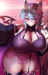 Rule 34 | 1girl, ahoge, animal ears, artist name, bare shoulders, between breasts, black panties, blue eyes, blue hair, blush, breasts, cleavage, clipboard, clothing cutout, cumdare, curvy, evil smile, garter straps, gradient hair, halloween costume, hat, heart cutout, highres, huge breasts, long hair, looking at viewer, multicolored hair, naughty face, navel, necktie, necktie between breasts, nurse, nurse cap, panties, pink hair, sidelocks, silvervale, smile, solo, stomach, thick thighs, thighhighs, thighs, underwear, virtual youtuber, vshojo, wide hips, wolf ears, wolf girl