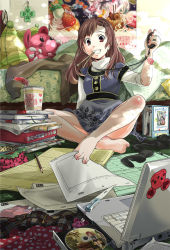 Rule 34 | 1girl, barefoot, bed, between toes, book, brown eyes, brown hair, cd, charm (object), chopsticks, clothes, clothes on floor, computer, dress, dvd, feet, food, grin, hair ornament, hairclip, holding with feet, indian style, indoors, instant noodles, keyboard (computer), knees, laptop, legs, long hair, long legs, messy room, mouth hold, nail polish, naka nohito, nissin cup noodle, noodles, original, paper, pencil, pencil case, pillow, polka dot, poster (object), sitting, smile, solo, stopwatch, stuffed toy, teeth hold, toenail polish, toenails, watch