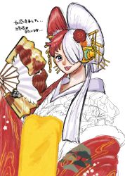 1girl bad_id bad_twitter_id flower hair_flower hair_ornament hair_over_one_eye hand_fan headphones highres holding holding_fan japanese_clothes kanzashi kimono namnam_op nihongami oiran one_piece one_piece_film:_red partially_colored purple_eyes red_hair red_lips sash simple_background smile solo uta_(one_piece) white_background white_hair yellow_sash