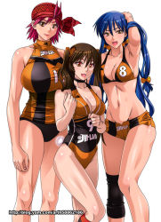 Rule 34 | 3girls, armpits, bandana, basketball, basketball uniform, bikini, bikini top only, blue hair, bow, breasts, brown eyes, brown hair, rabbit tail, choker, cleavage, cowboy shot, ge xi, group picture, hair bow, halterneck, hand in own hair, height difference, highres, huge breasts, knee brace, large breasts, leotard, lips, long hair, multiple girls, navel, original, pink hair, short hair, short shorts, shorts, smile, sportswear, sweat, swimsuit, tail, twintails, watermark, web address