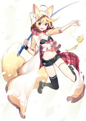 Rule 34 | 1girl, :d, ahoge, animal ears, belt, black footwear, black shorts, black thighhighs, blonde hair, breasts, buckle, carrying over shoulder, choker, collarbone, crop top, fang, fish, fishing line, fishing rod, fox ears, fox tail, full body, fur trim, groin, hair between eyes, heart, heart-shaped buckle, holding, holding fishing rod, hood, hooded jacket, jacket, jumping, kai-ri-sei million arthur, looking at viewer, mary janes, midriff, million arthur (series), navel, open clothes, open jacket, open mouth, paw print, red eyes, red ribbon, ribbon, shoes, short hair, short shorts, shorts, single thighhigh, sleeves rolled up, small breasts, smile, solo, spaghetti strap, stomach, tail, thigh strap, thighhighs, touzoku arthur, usalxlusa, white background, wristband