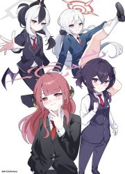 4girls :d absurdres aru_(blue_archive) aviary belt black_footwear black_hair black_horns blue_archive blush brown_horns buttons closed_mouth collared_shirt demon_horns demon_wings earclip formal_clothes grey_halo grin hair_between_eyes halo haruka_(blue_archive) highres horns kayoko_(blue_archive) leg_up long_hair long_sleeves looking_at_viewer multicolored_hair multiple_girls mutsuki_(blue_archive) mutsuki_(suit)_(blue_archive) necktie official_alternate_costume open_mouth orange_halo pink_eyes pink_halo pointy_ears ponytail problem_solver_68_(blue_archive) purple_halo red_eyes red_halo red_necktie shirt shoes shorts single_wing smile socks suit twitter_username two-tone_hair v white_background white_hair white_shirt white_socks wings