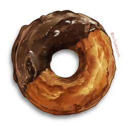 Rule 34 | absurdres, artist name, chocolate doughnut, doughnut, food, food focus, highres, mitomaton, no humans, original, realistic, simple background, still life, twitter username, white background
